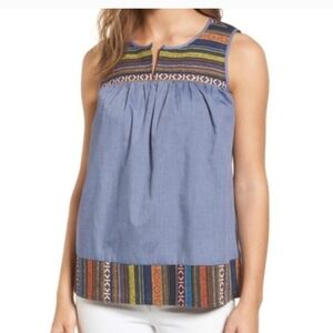 NWOT Chambray Aztec Boho Tank with Multicolor Embroidered Yoke & Hem SZ S
